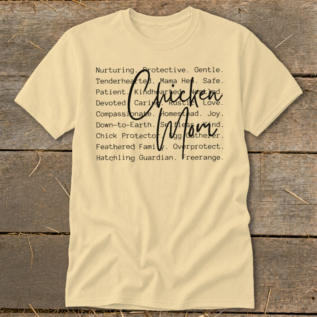 Light yellow t-shirt with "Chicken Mom" and descriptive words in black text.