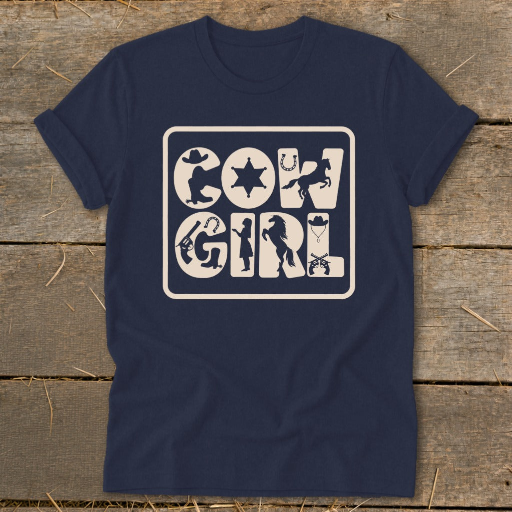Navy t-shirt with white "COW GIRL" text and western-themed graphics.