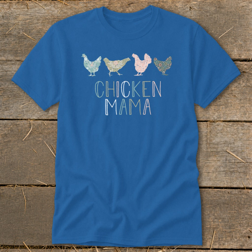 Blue t-shirt with four patterned chickens and text "CHICKEN MAMA".