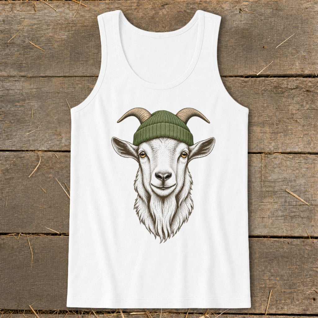 White tank top with a drawing of a goat wearing a green beanie.