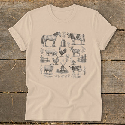 T-shirt with vintage farm animals including horse, cow, pig, chicken, sheep, goat, and duck.