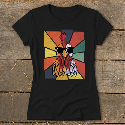 Retro style rooster wearing sunglasses against colorful geometric background.