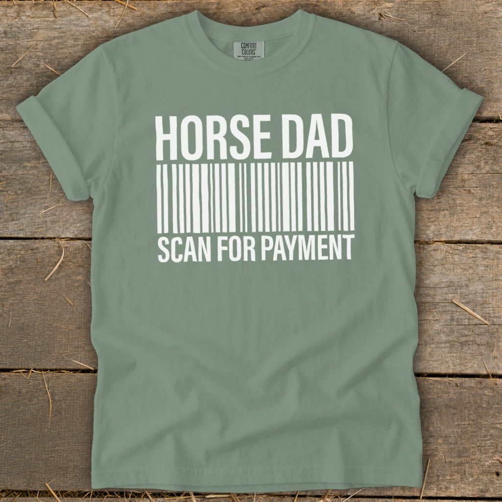 Green t-shirt with "Horse Dad Scan For Payment" text and barcode design.