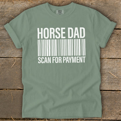 Green t-shirt with "Horse Dad Scan For Payment" text and barcode design.