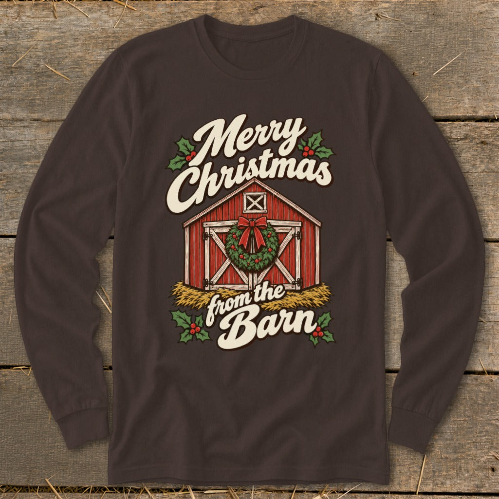 Brown long sleeve shirt with Merry Christmas from the Barn graphic and festive barn design.