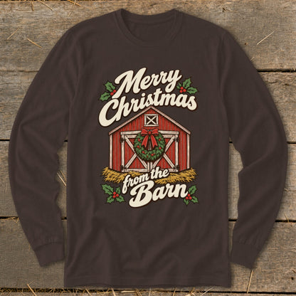 Brown long sleeve shirt with Merry Christmas from the Barn graphic and festive barn design.