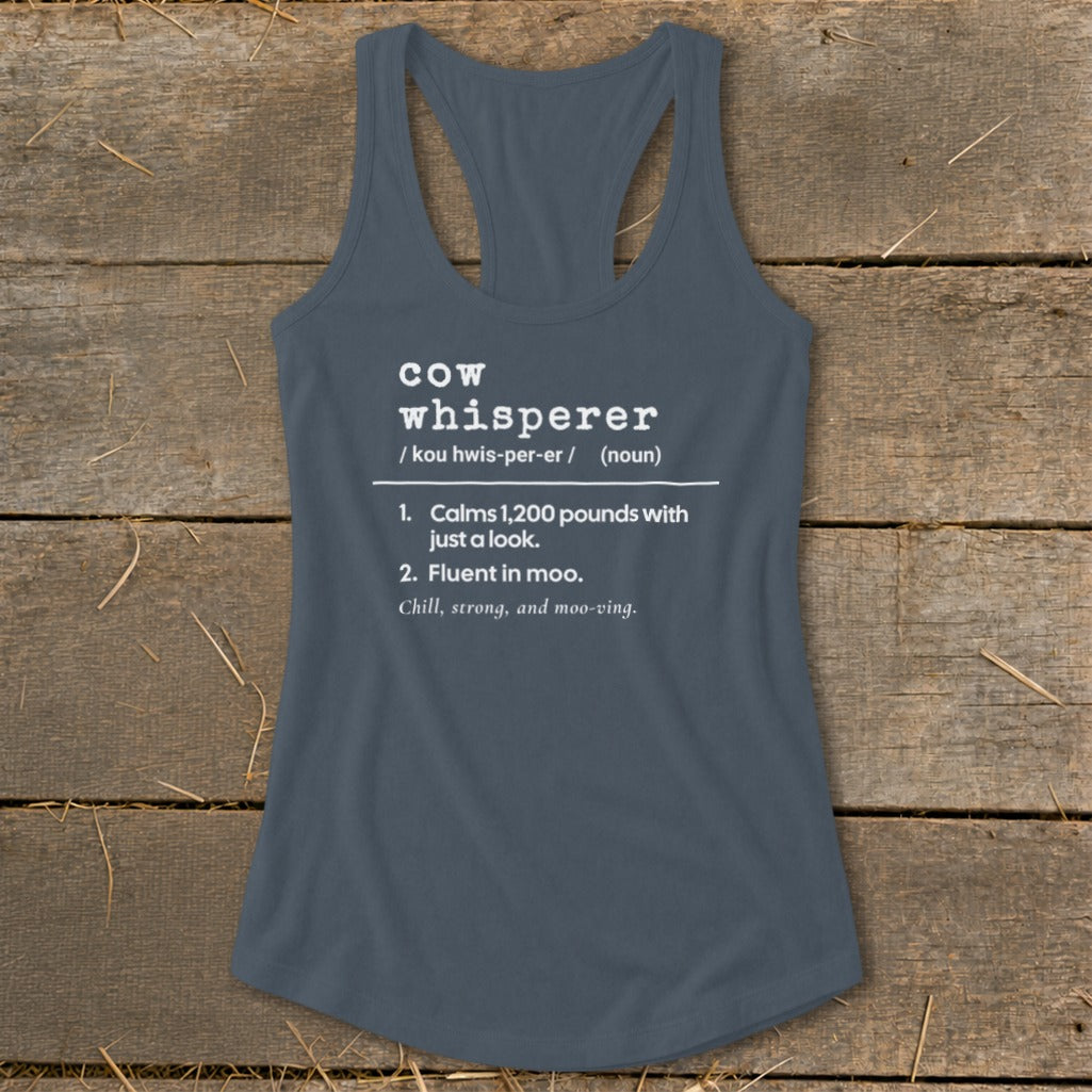 Tank top with "cow whisperer" dictionary definition text in white.