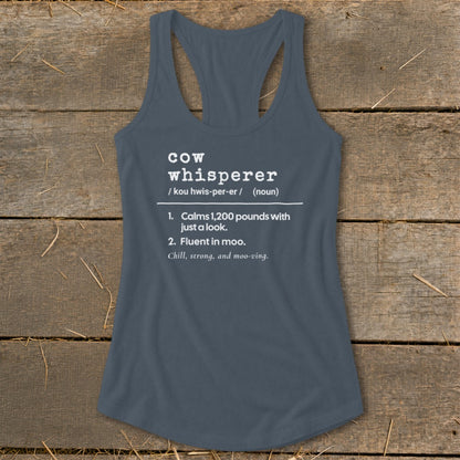 Tank top with "cow whisperer" dictionary definition text in white.