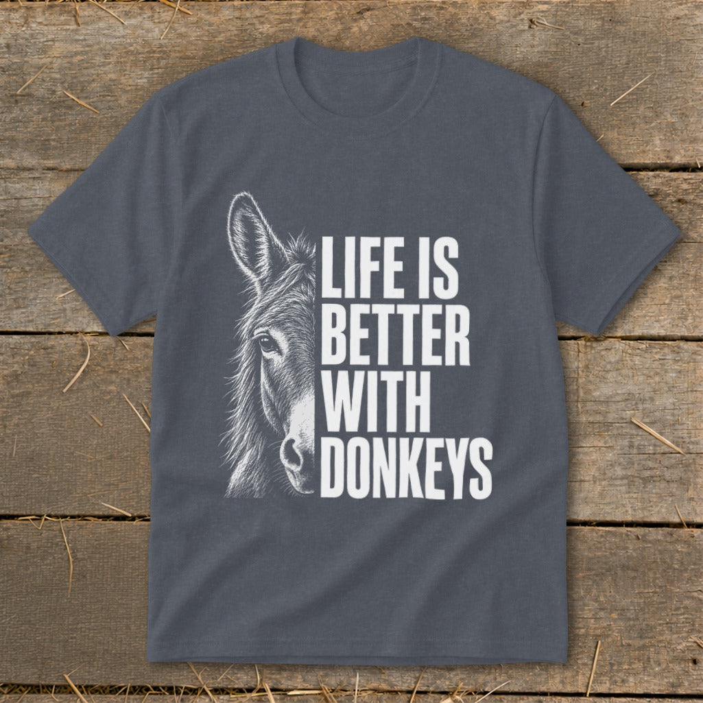 Dark gray t-shirt with white text and a donkey illustration.