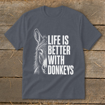 Dark gray t-shirt with white text and a donkey illustration.