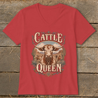 Red v-neck t-shirt with "Cattle Queen" graphic featuring a longhorn steer and desert landscape.