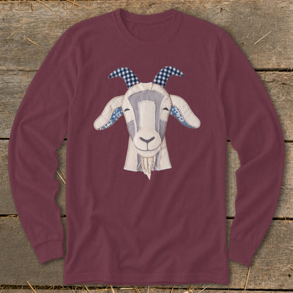 Maroon long-sleeve shirt with a stitched goat face applique.