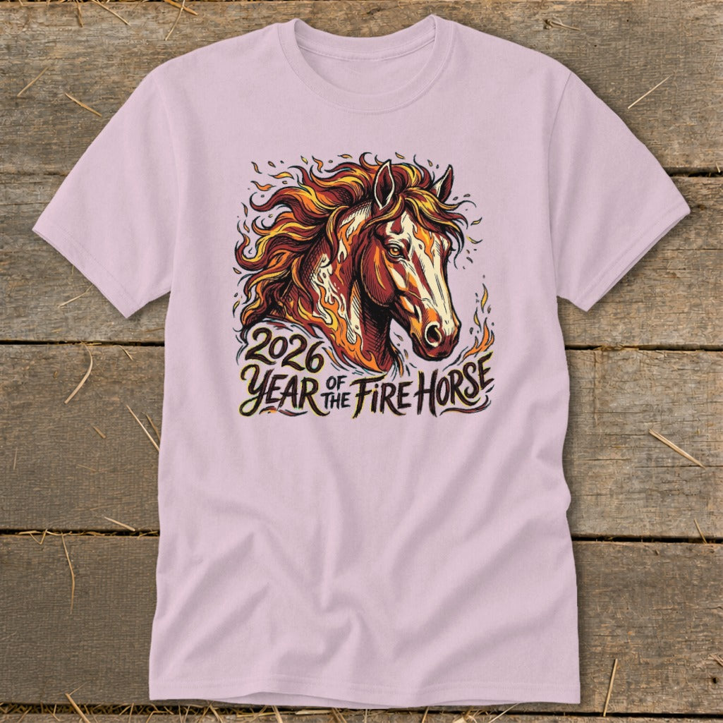Pink t-shirt with a fiery horse graphic and "2026 Year of the Fire Horse" text.