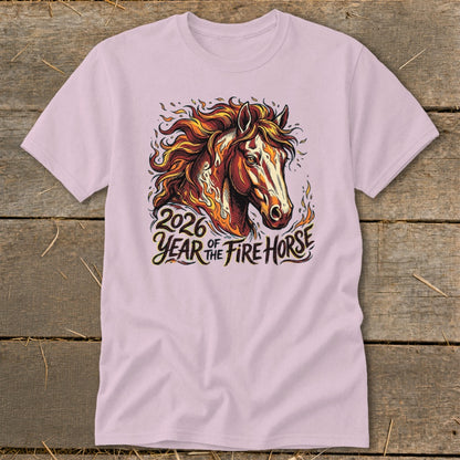 Pink t-shirt with a fiery horse graphic and "2026 Year of the Fire Horse" text.