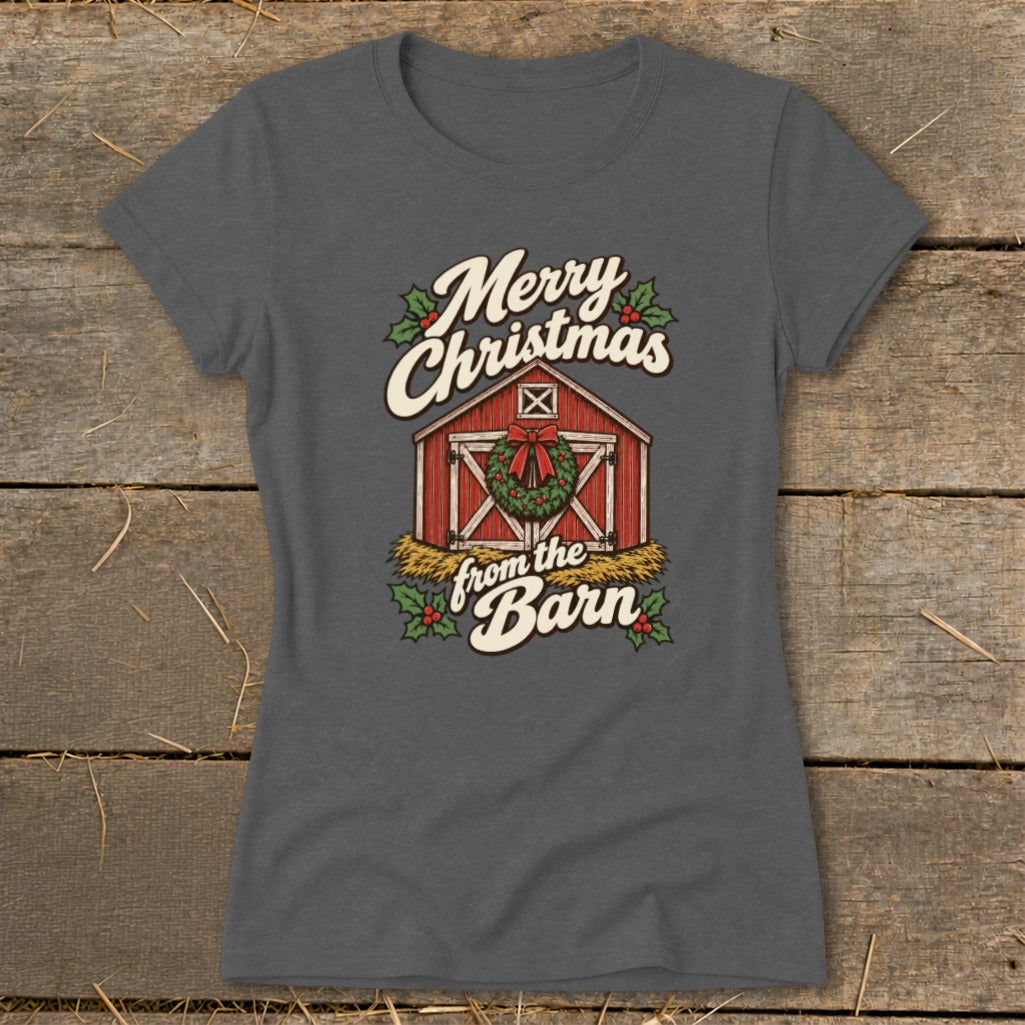 Gray t-shirt with "Merry Christmas from the Barn" text and barn graphic.