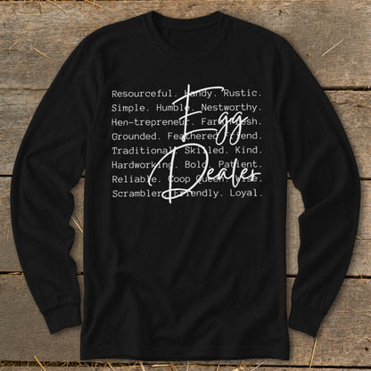 Black long-sleeve shirt with "Egg Dealer" and descriptive words.