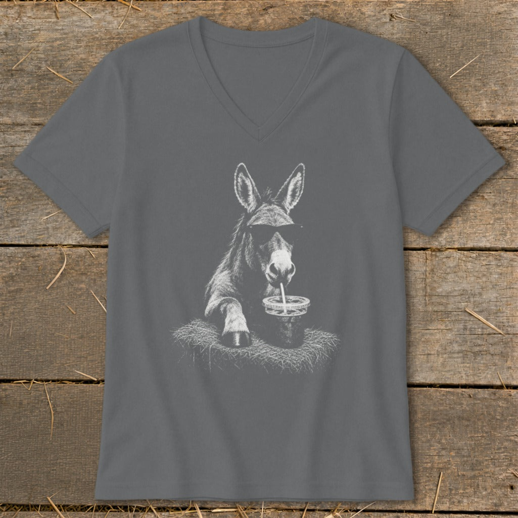 Donkey wearing sunglasses drinks from a straw on a t-shirt.