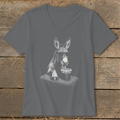 Donkey wearing sunglasses drinks from a straw on a t-shirt.