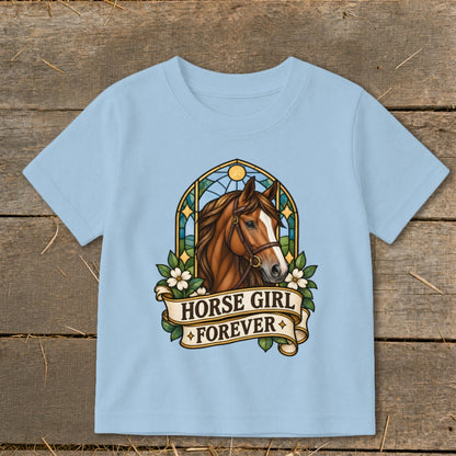 Brown horse head in stained glass window with "HORSE GIRL FOREVER" banner.