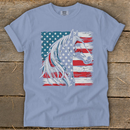 Light blue t-shirt with a horse head superimposed on an American flag design.