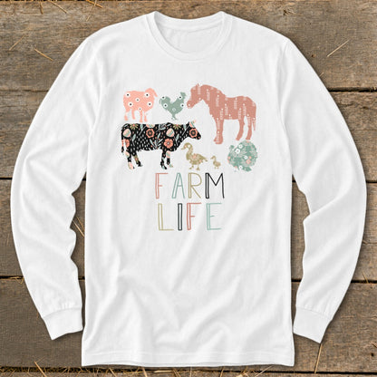 White long sleeve shirt with colorful farm animals and "FARM LIFE" text.