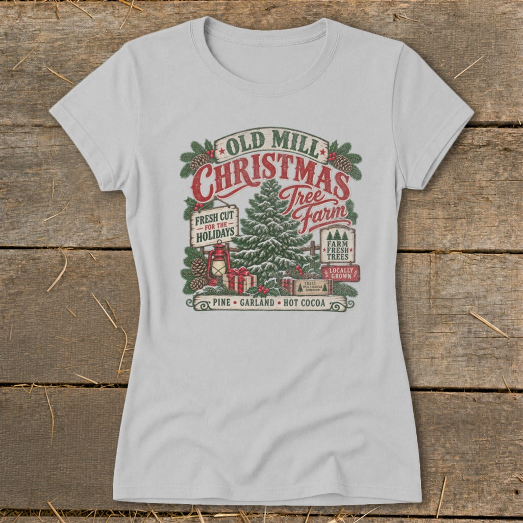 Christmas Tree Farm graphic with "Old Mill Christmas Tree Farm" text and holiday imagery.
