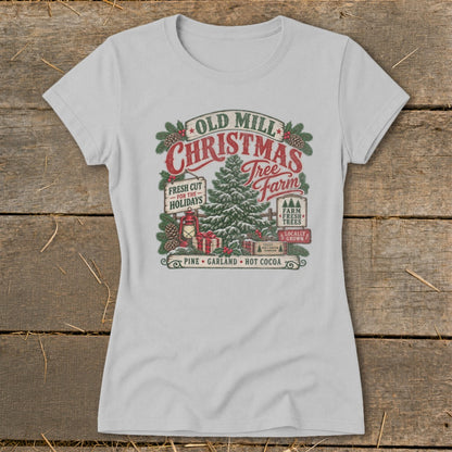 Christmas Tree Farm graphic with "Old Mill Christmas Tree Farm" text and holiday imagery.