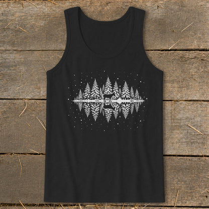 Black tank top with a mirrored pine forest and deer graphic.
