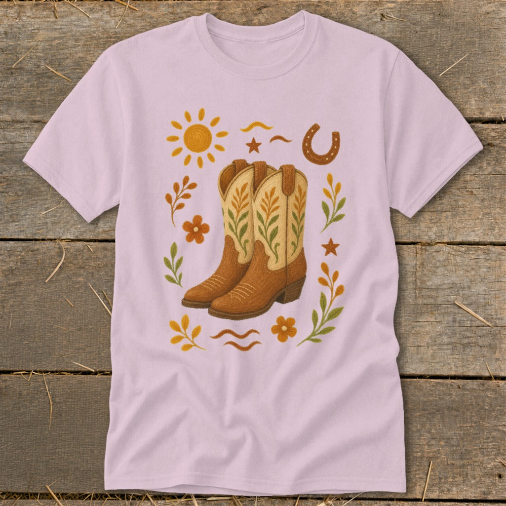 Pink t-shirt with cowboy boots, sun, horseshoe, and floral graphic design.
