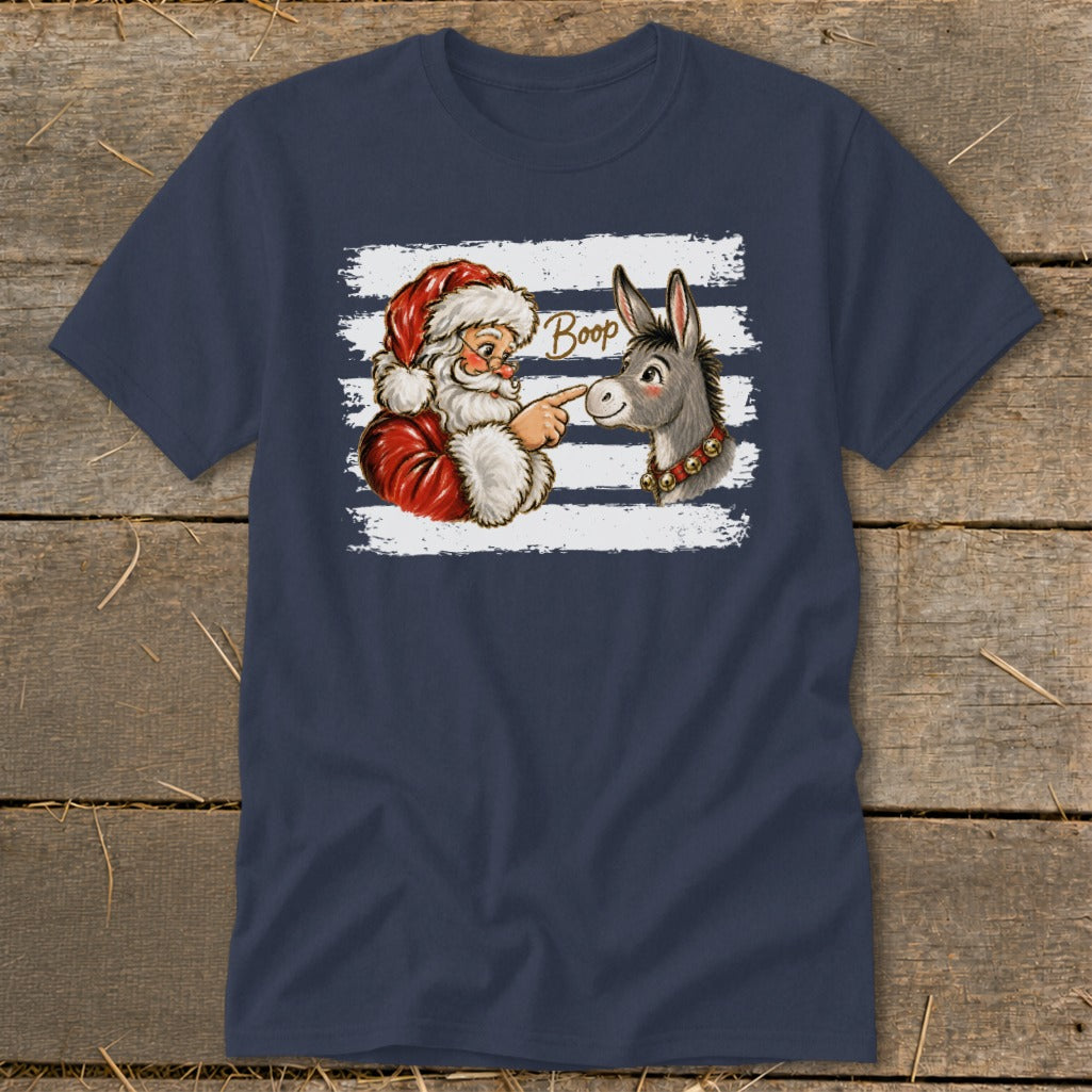 Santa booping a donkey with "Boop" text on a navy blue t-shirt.