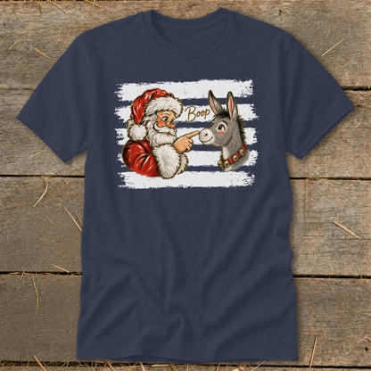 Santa booping a donkey with "Boop" text on a navy blue t-shirt.