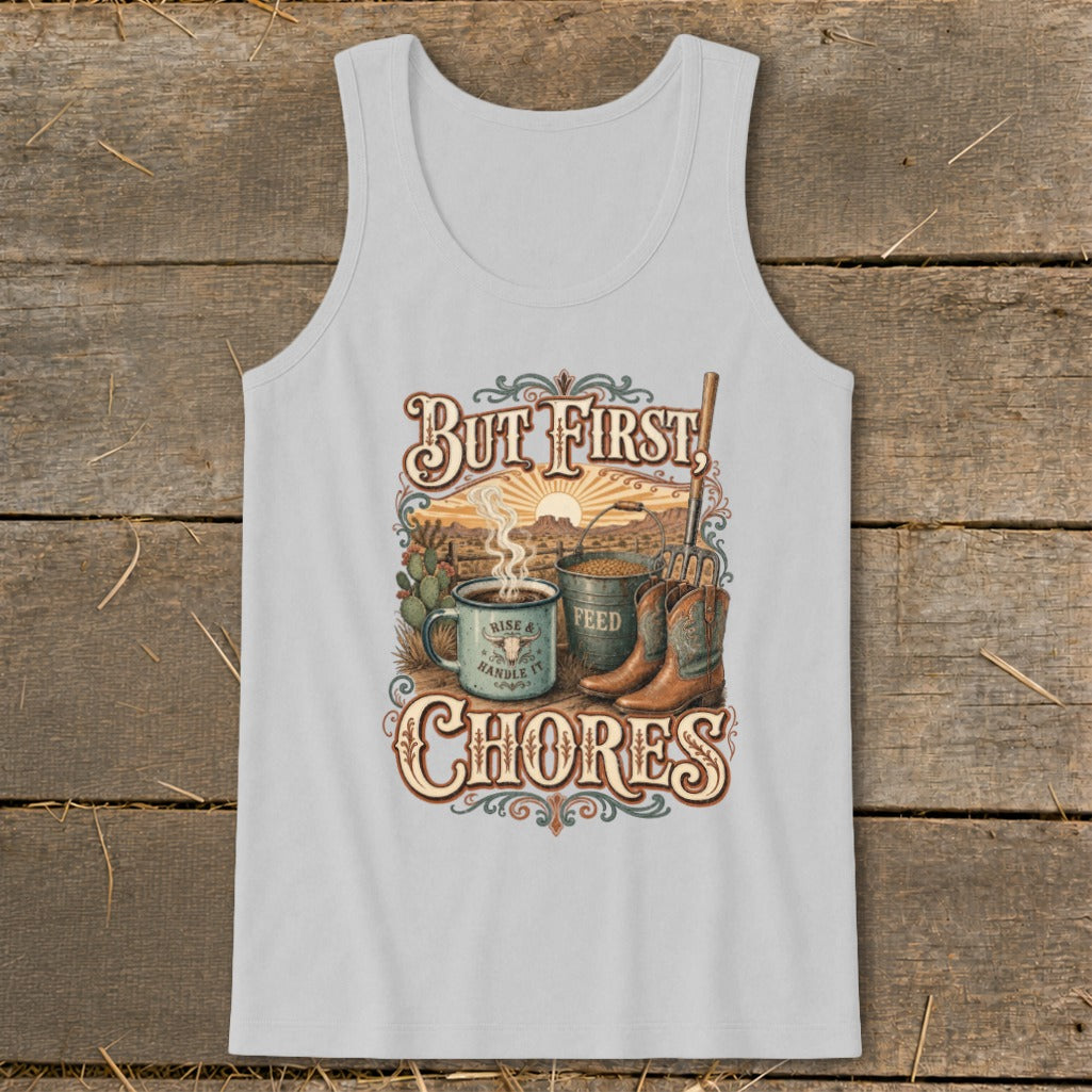 "But First, Chores" graphic with coffee, feed bucket, boots, and sunrise.