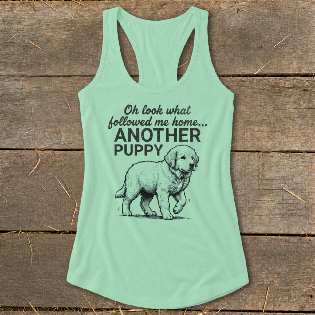Mint green tank top with "Another Puppy" text and a sketch of a walking puppy.
