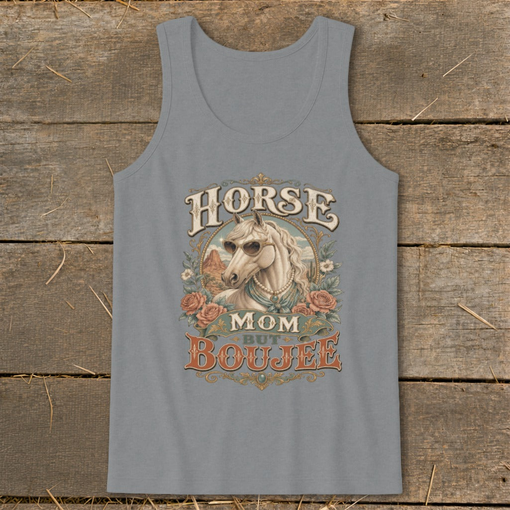 Tank top with a white horse wearing sunglasses and text "Horse Mom But Boujee".