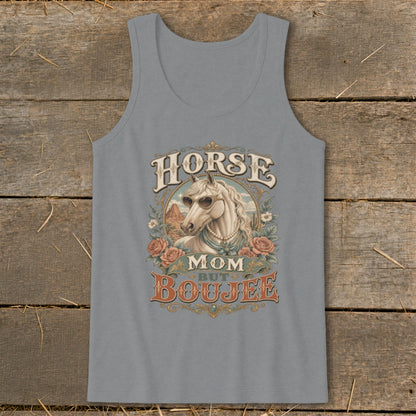 Tank top with a white horse wearing sunglasses and text "Horse Mom But Boujee".