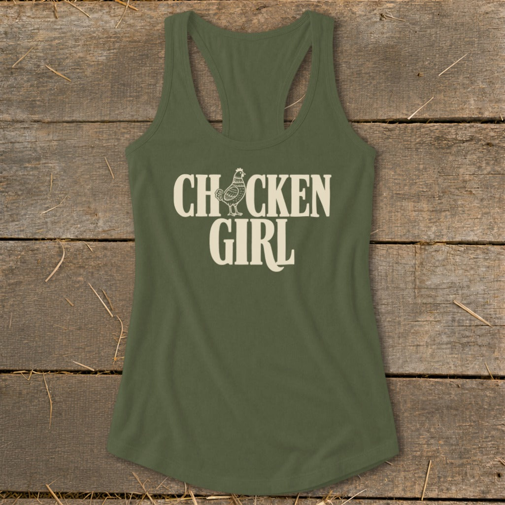 Olive green racerback tank top with "CHICKEN GIRL" text and chicken graphic.