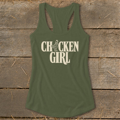 Olive green racerback tank top with "CHICKEN GIRL" text and chicken graphic.