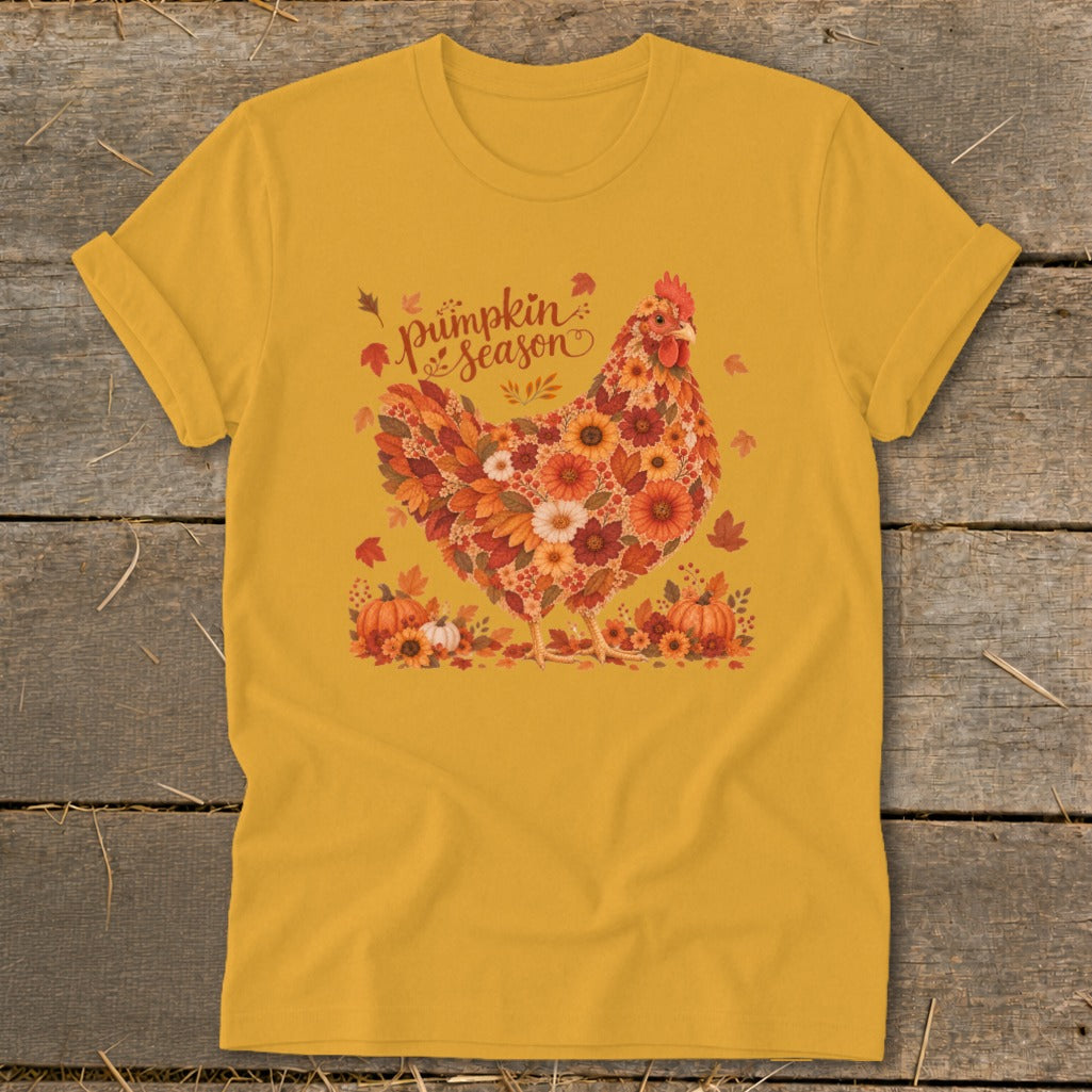 Yellow t-shirt with a chicken made of autumn flowers and leaves, saying "Pumpkin Season".