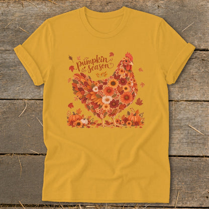 Yellow t-shirt with a chicken made of autumn flowers and leaves, saying "Pumpkin Season".