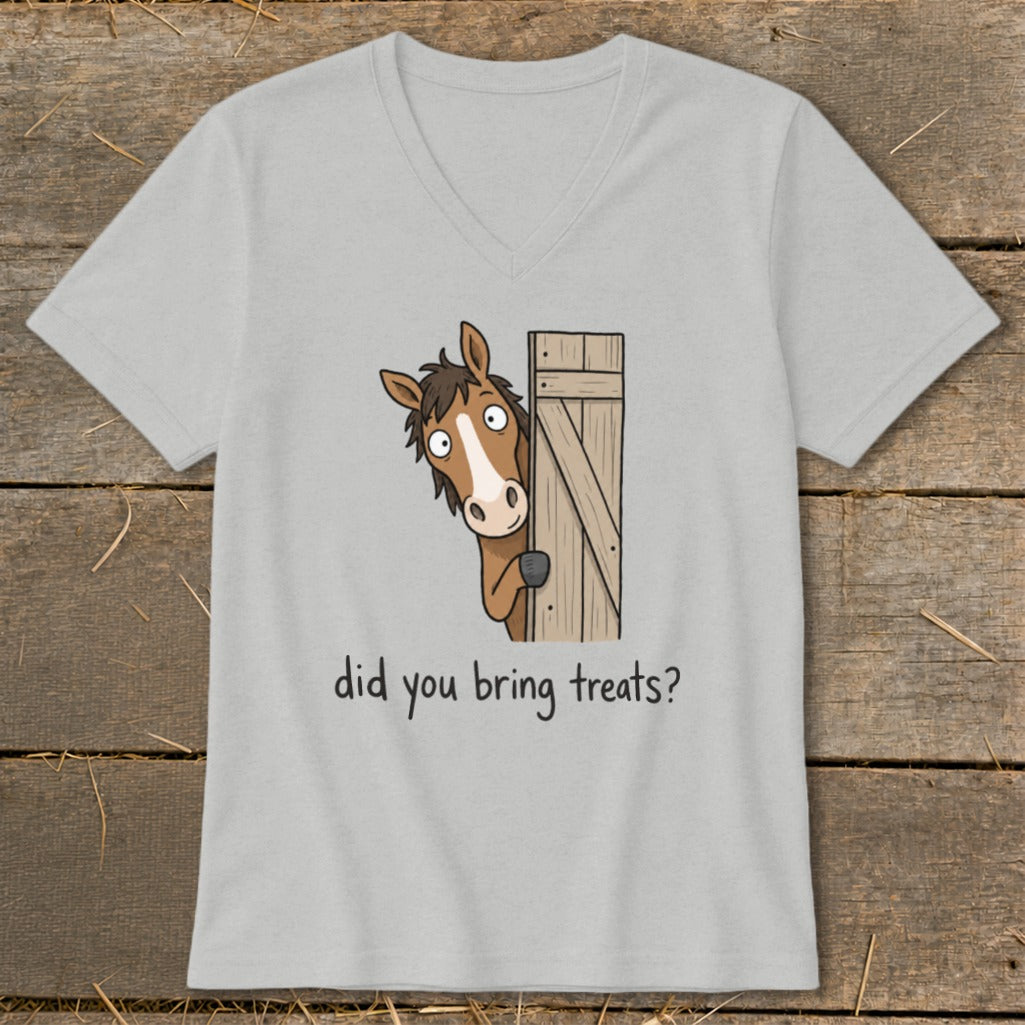 Light grey v-neck t-shirt with cartoon horse peeking from a wooden gate, asking "did you bring treats?".