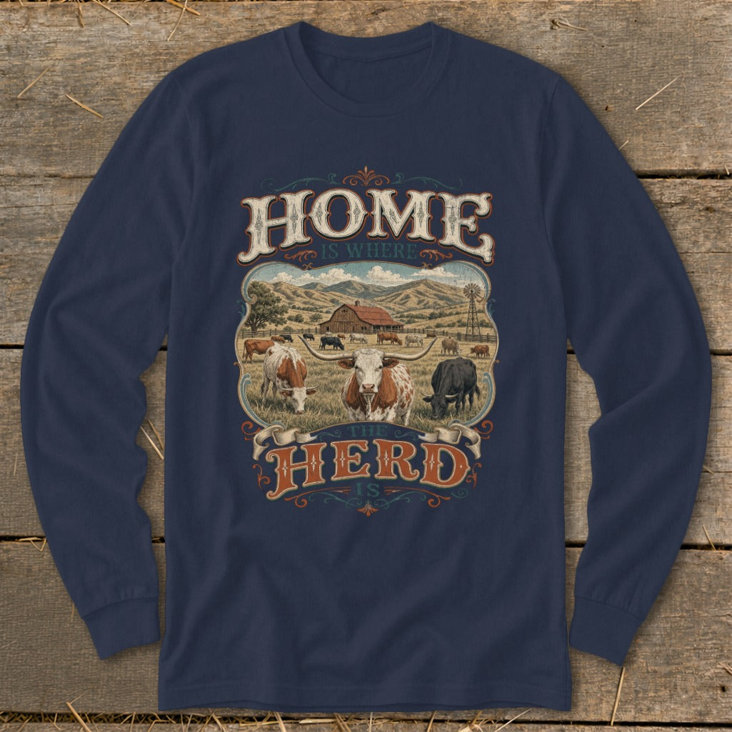"Home Is Where The Herd Is" text over a farm scene with cattle.