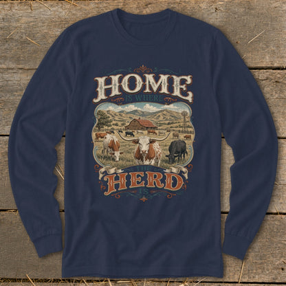 "Home Is Where The Herd Is" text over a farm scene with cattle.