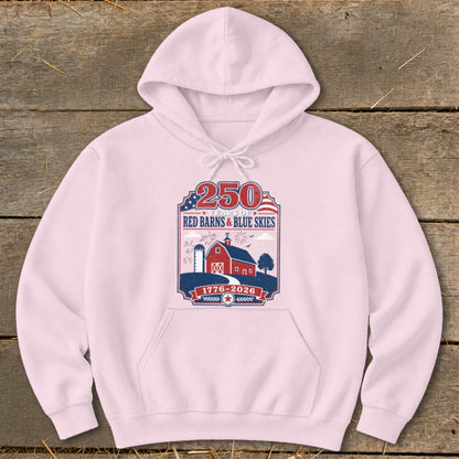 Pink hoodie with graphic for 250 years of Red Barns & Blue Skies, 1776-2026.