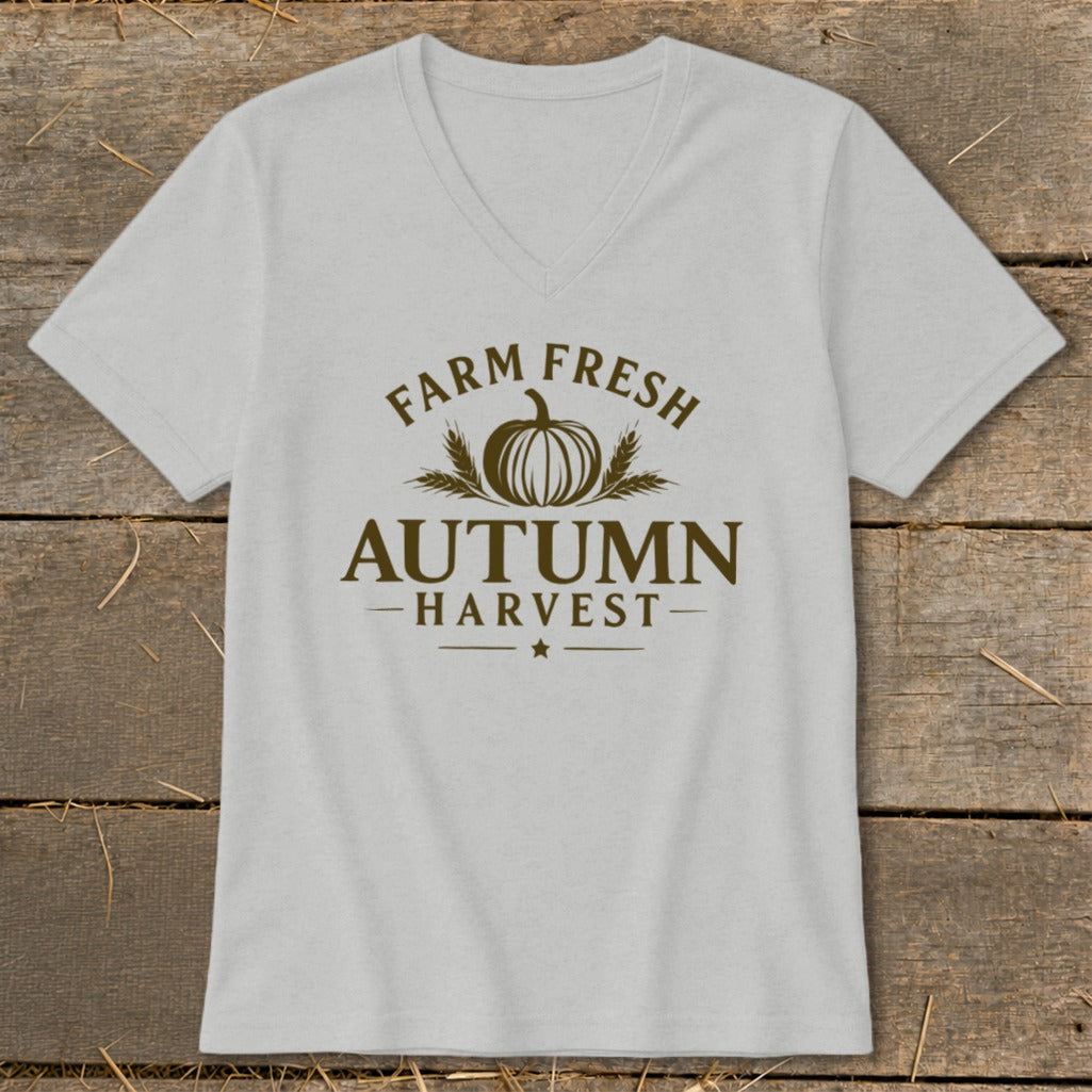 Light gray v-neck t-shirt with "Farm Fresh Autumn Harvest" text and pumpkin graphic.