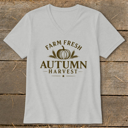 Light gray v-neck t-shirt with "Farm Fresh Autumn Harvest" text and pumpkin graphic.