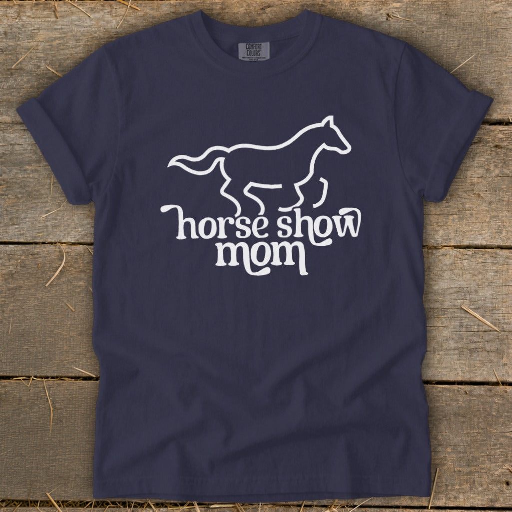 Navy t-shirt with white outline of horse and text "horse show mom".
