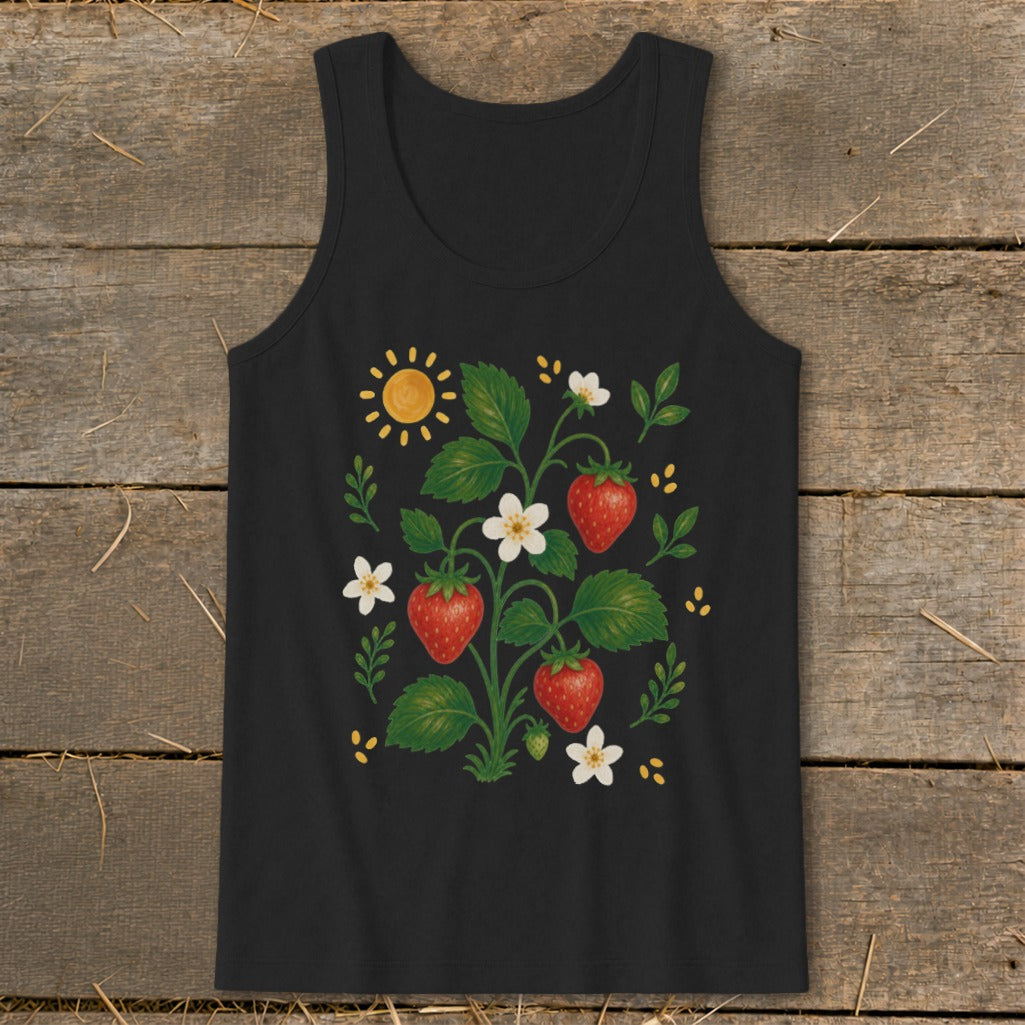 Black tank top with a strawberry plant, sun, and flowers graphic.