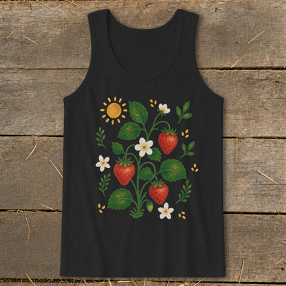Black tank top with a strawberry plant, sun, and flowers graphic.