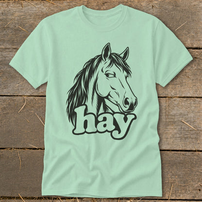 Light green t-shirt with a black graphic of a horse's head and the word "hay".