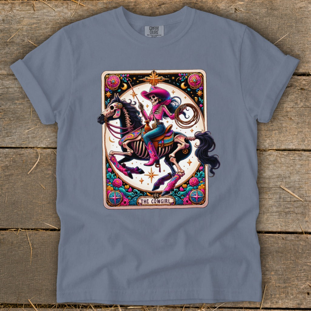 Skeleton cowgirl riding a horse, with "The Cowgirl" text.